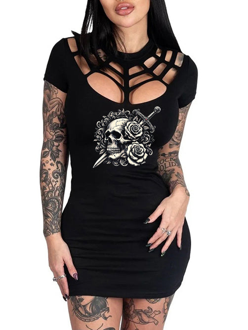 Women's Skull And Roses Spider Web Hollow Sheath Dress