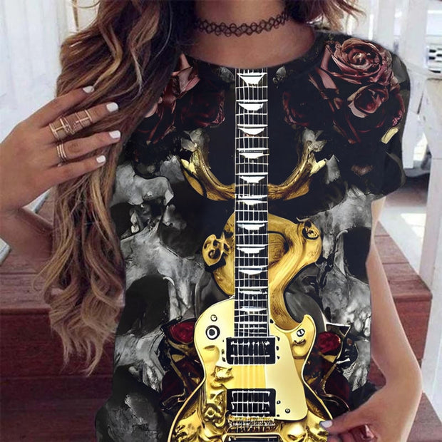 T-shirt à manches courtes imprimé guitare dorée 