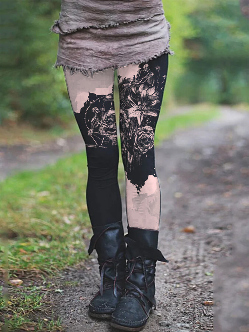 Women's Gothic Art Skull Flower Print Skinny Yoga Pants