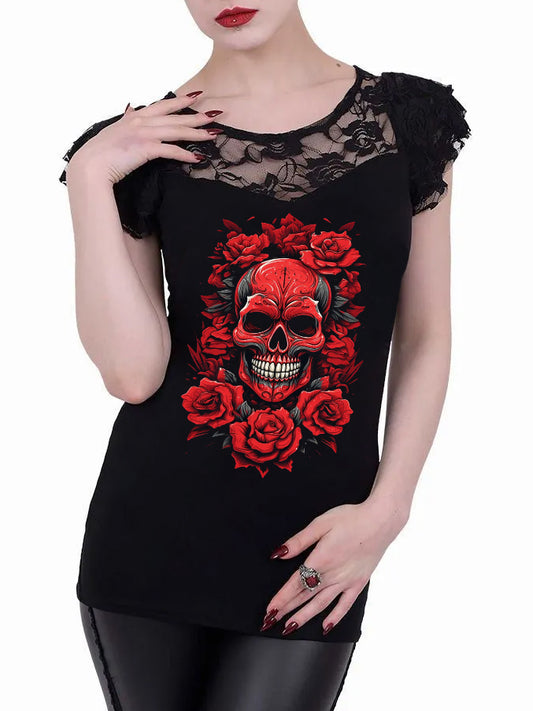 Women's Skull And Roses Print round Neck Women's T-shirt