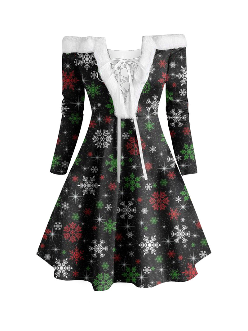 Christmas Printed Female Plush Collar Stitching Long Sleeve Tether Dress