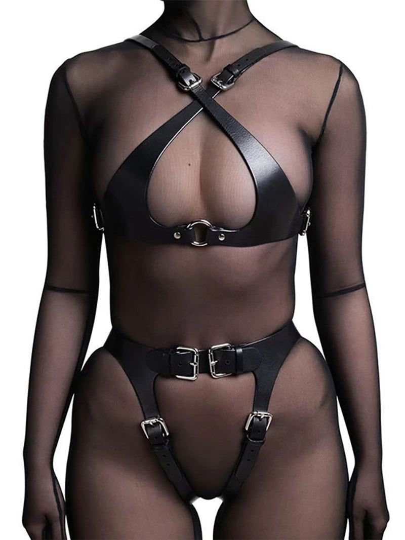 Sexy Binding Belt Leather Suit