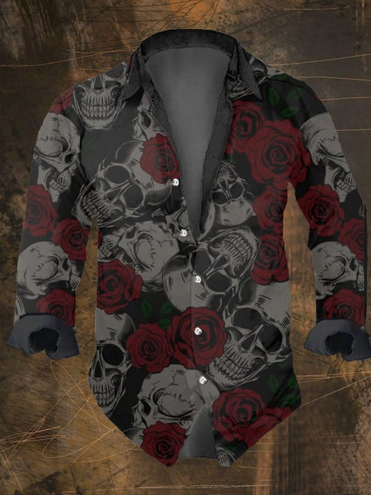 Men's Smile Skull Rose Print Long Sleeve Shirt