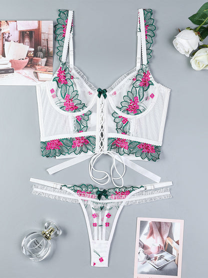 Embroidered Flower Stitching Lace up Cross Underwear Suit