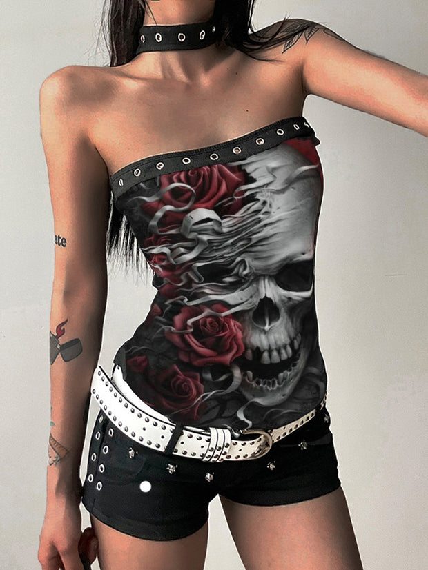 Rose Torn Skull Print Sexy Tube Top Halter Strap Vest