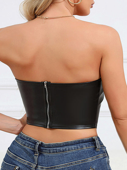 Sexy Leather Tight Strapless Zipper Outerwear Top