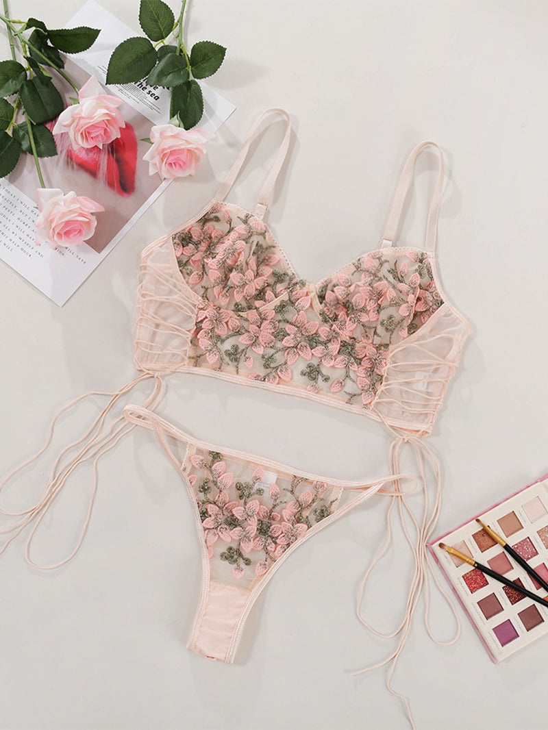 Sexy Embroidery Mesh See-through Underwear Suit