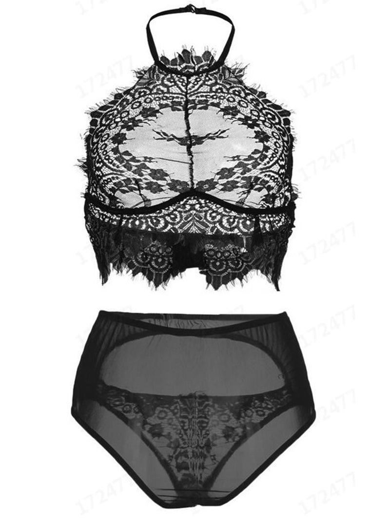 Sexy Eyelash Lace See-through Underwear Suit