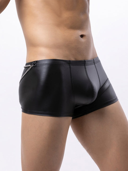 Men's Sexy Patent Leather Pendant Chain Boxer Briefs