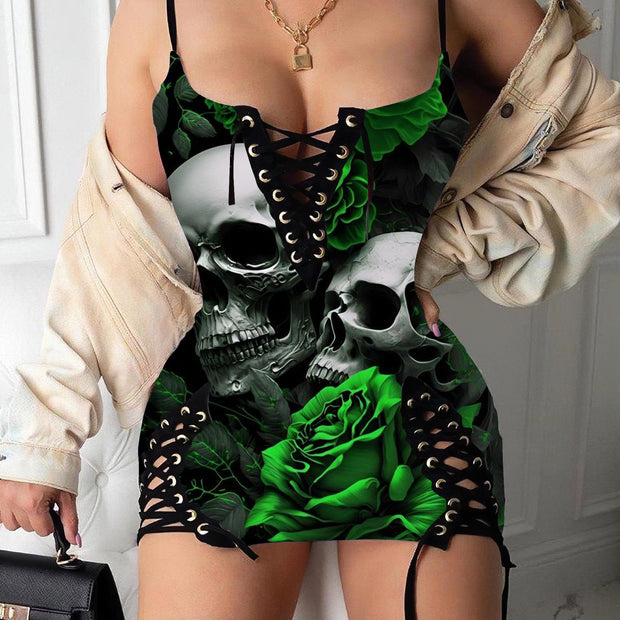 Green Rose Skull Printed Sexy V-neck Eyelet Lace-up Suspension Dress
