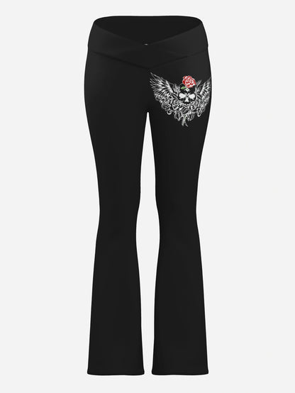 Women's Fashion Gothic Wings Print Skull Cross Belly Contracting Yoga Pants