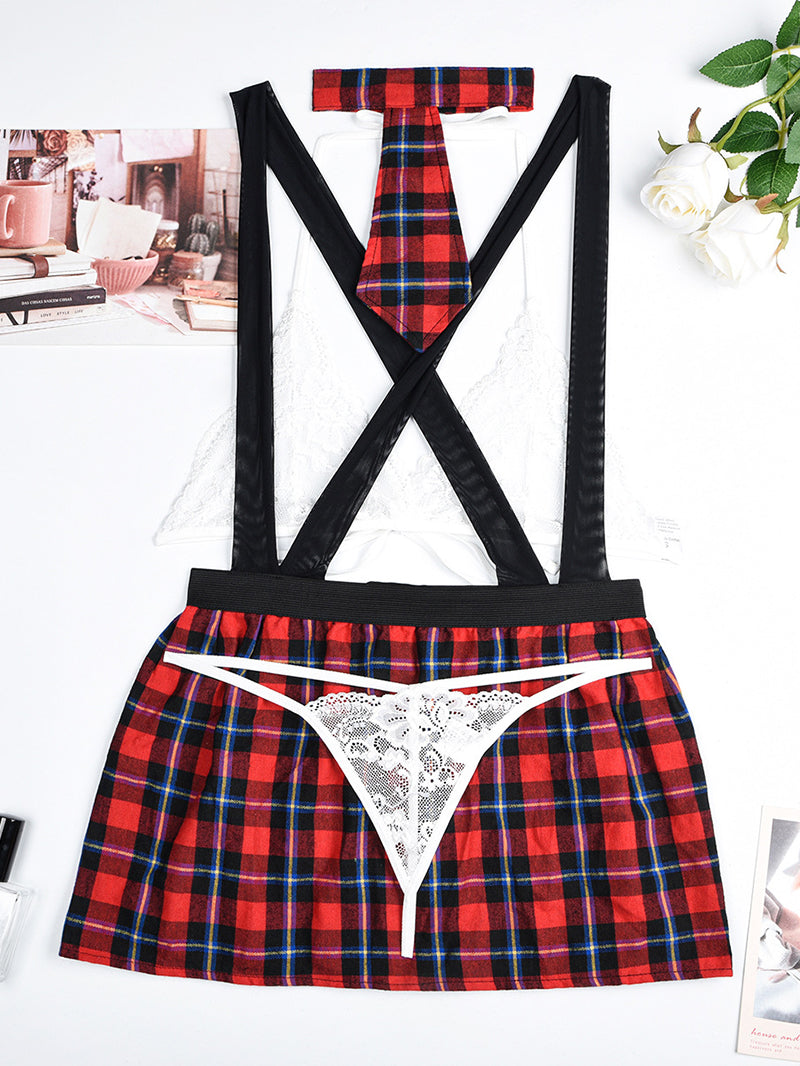 Sexy Lace Bra Cross Strap Tartan Skirt Suit