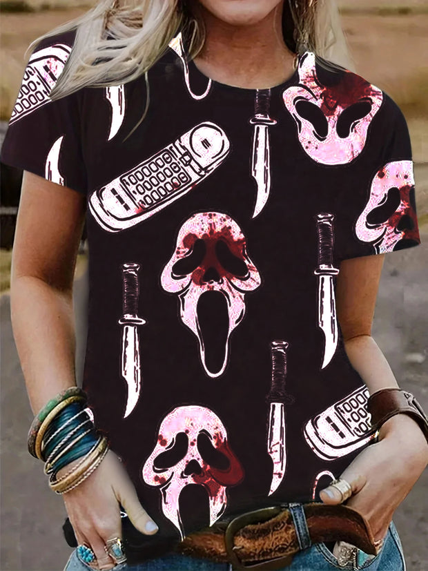 Kurzärmliges T-Shirt mit dunklem Horror-Totenkopf-Aufdruck 