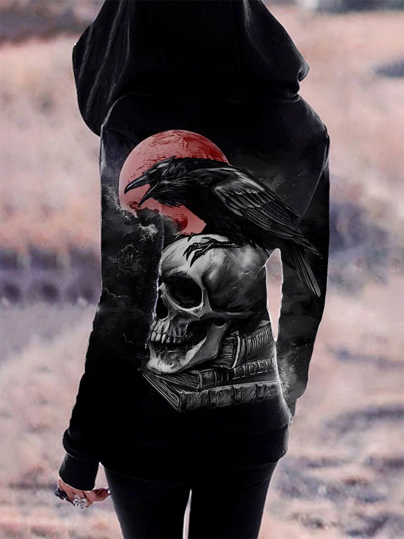 Women's Gothic Crow Skull Full Printed Hoodie