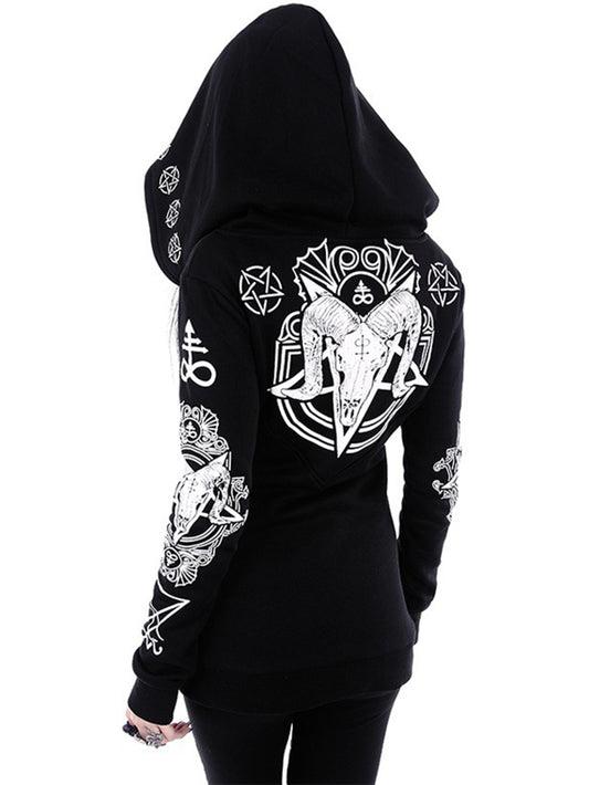 Women's Skull Sheep Irregular Punk Print Hooded Jacket