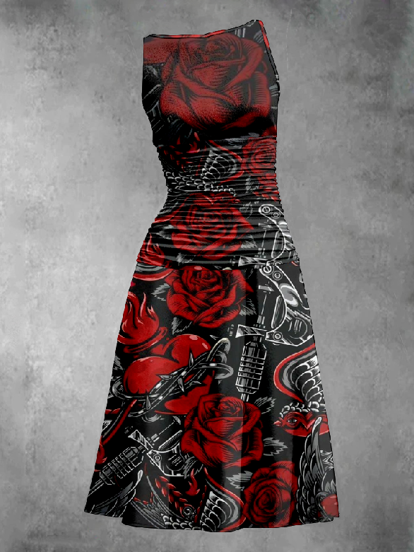 Gothic Rose and Gun Printed Pleated Vest Dress