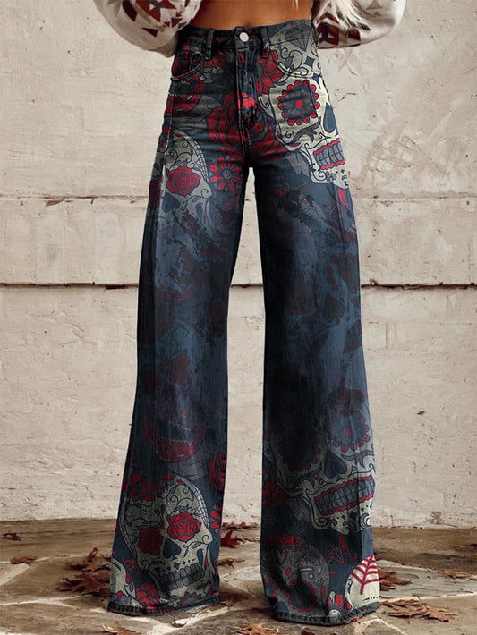 Red Rose Skull Gradient Print Wide-Leg Pants