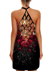 Sexy Kleid mit Rosen-Totenkopf-Print auf der Rückseite 