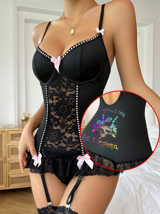 Sexy Gothic Colorful Skull Lace Strap Tight One-Piece Nightdress