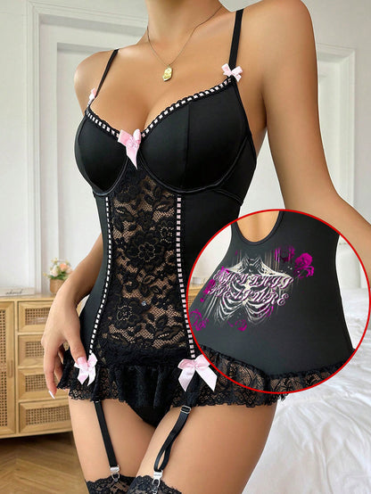 Sexy Gothic Skull Purple Rose Lace Strap Tight One-Piece Nightdress