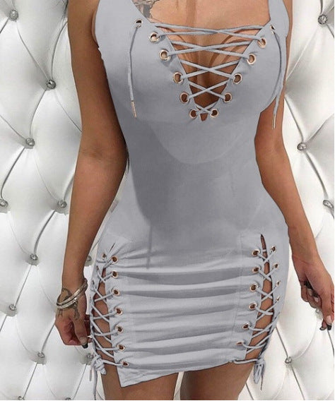 Solid Color Deep V-neck Sexy Slim-Fit Lace up Dress