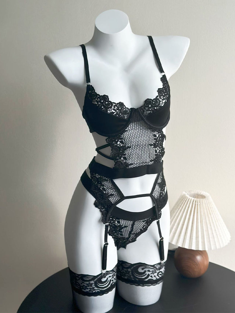 Sexy Lace Mesh Embroidered See-through Stockings Bra Set