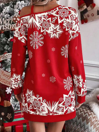 Christmas Snowflake Print Long Sleeve Sloping Shoulder Dress