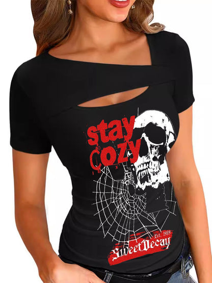 Stay Cozy Skull Printed Sexy off-the-Shoulder Tops