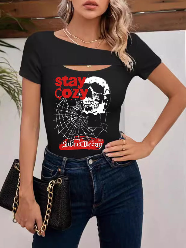 Stay Cozy Skull Printed Sexy off-the-Shoulder Tops