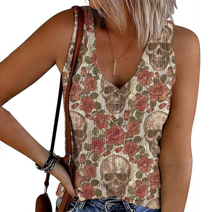 Retro Skull and Rose Matrix Print Vest