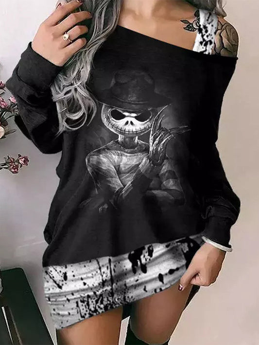 Halloween Fashion Skull Devil Patchwork Cold-Shoulder T-shirt