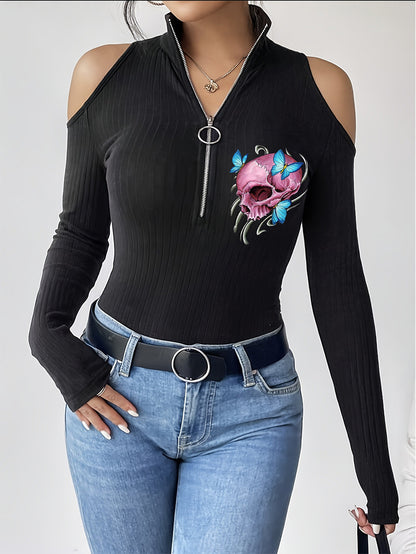 Women's Gothic Skull Butterfly Stand Collar Hollow Long Sleeve T-shirt