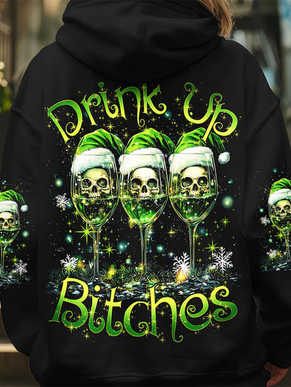 Women's Christmas Skull Green Wine Glass Print Hoodie