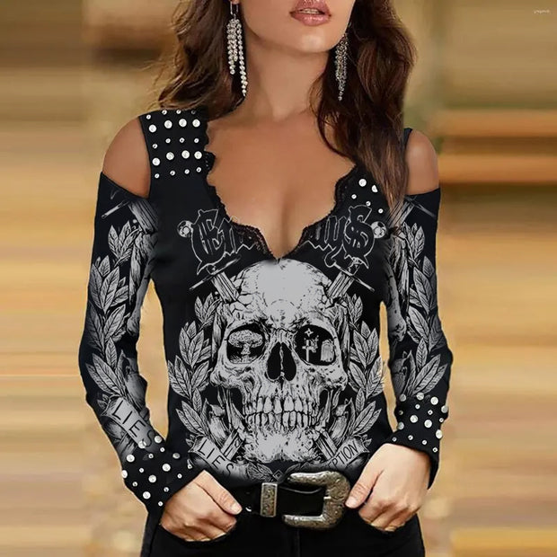 Gothic Dark Skull off-Shoulder Laced T-Shirt