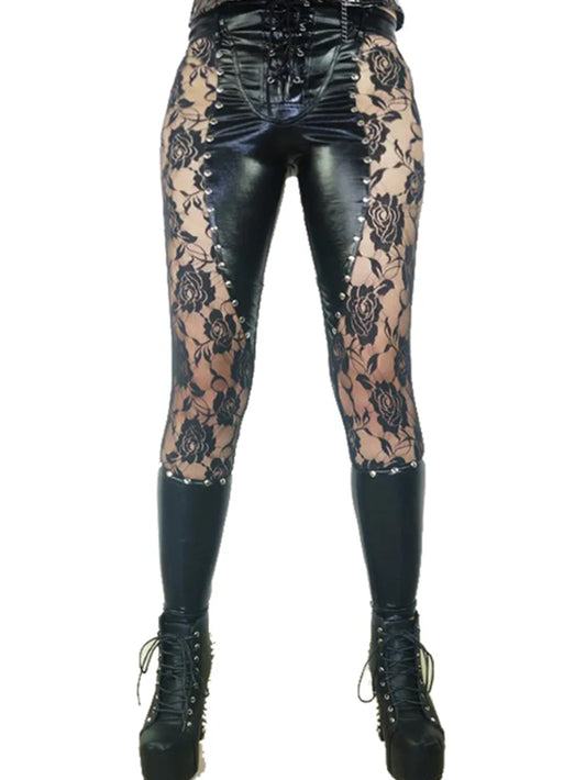 Sexy Cutout Rose Lace Rivets Leather Pants