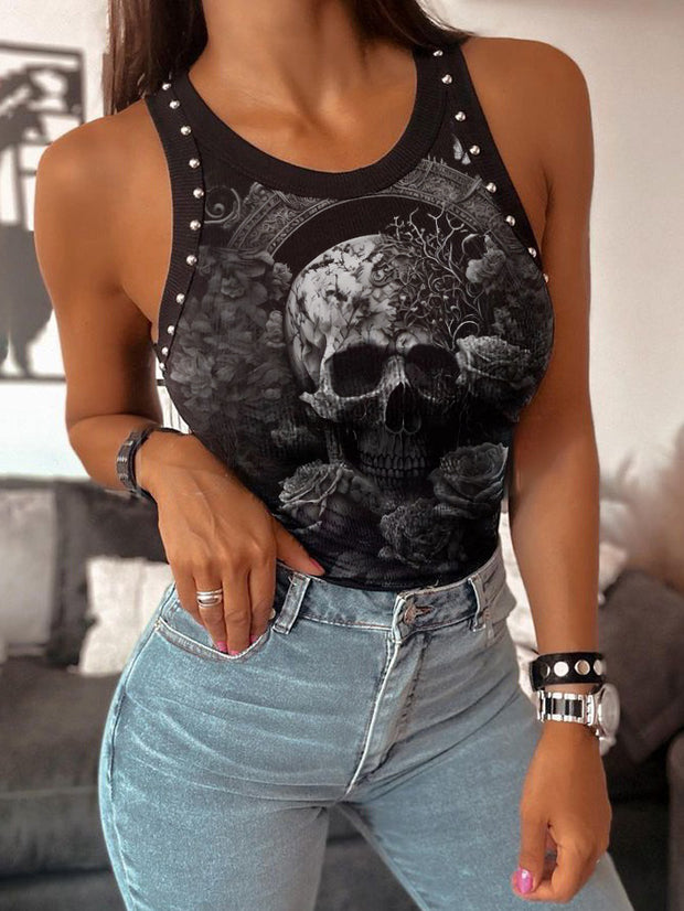 Gothic Printed Metal Beads Knited Bottoming Vest