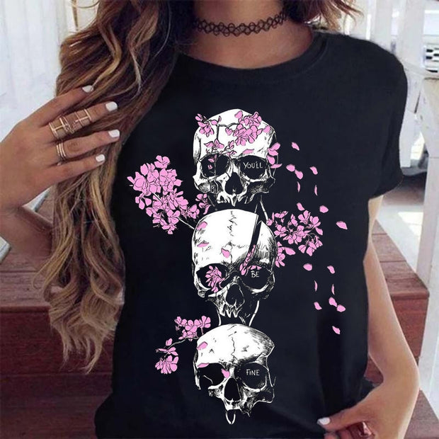 T-shirt à manches courtes imprimé tête de mort en fleurs de cerisier, vous irez bien 