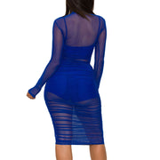 Sexy dreiteiliges Set aus durchsichtigem Netzstoff-Westen-Shorts-Kleid