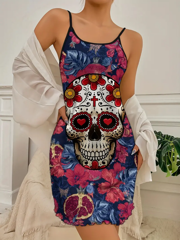 Day of the Dead Skull Print Frill Trim Lounge Dress