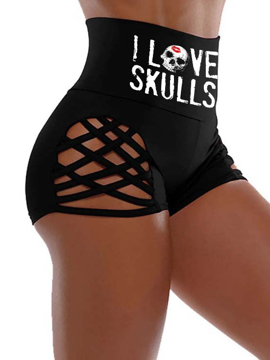 I Love Skulls Printed Sexy Skinny Hollow-out Shorts