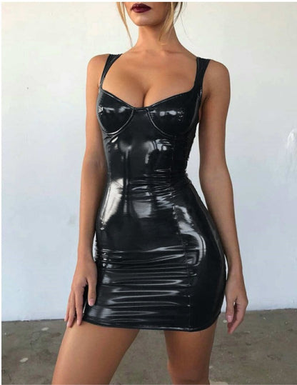 Sexy PU Leather Waist Slimming Chest Wrap Sling Dress