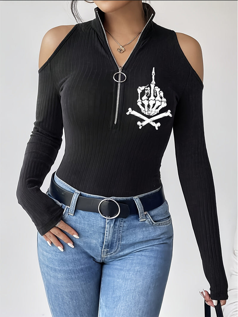 Women's Skull Gesture Zipper Stand Collar Hollow Long Sleeve T-shirt