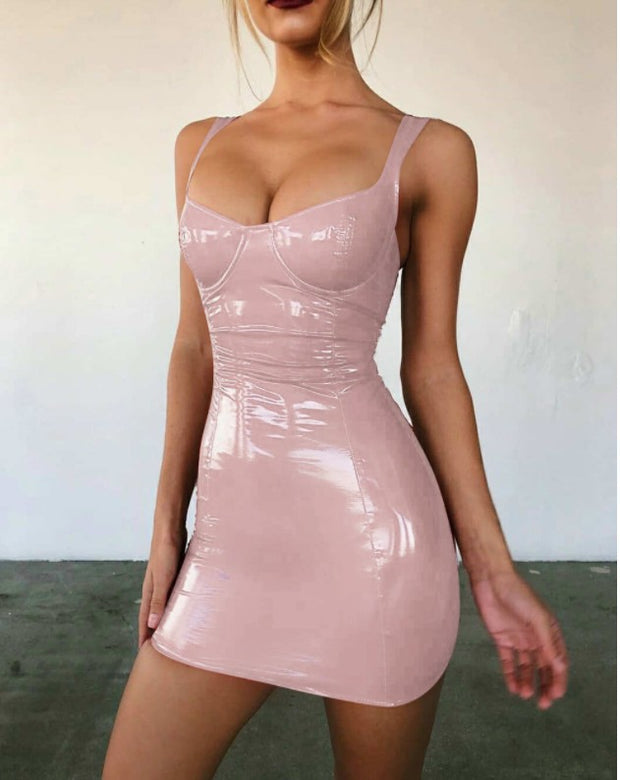 Sexy PU Leather Waist Slimming Chest Wrap Sling Dress