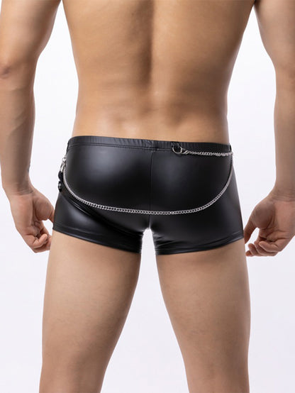 Men's Sexy Patent Leather Pendant Chain Boxer Briefs