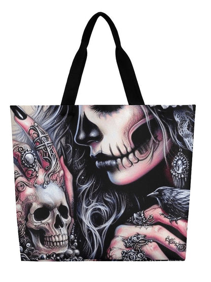 Lady Gothic Dark Girl Skull Print Large Capacity One Shoulder Shopping Bag