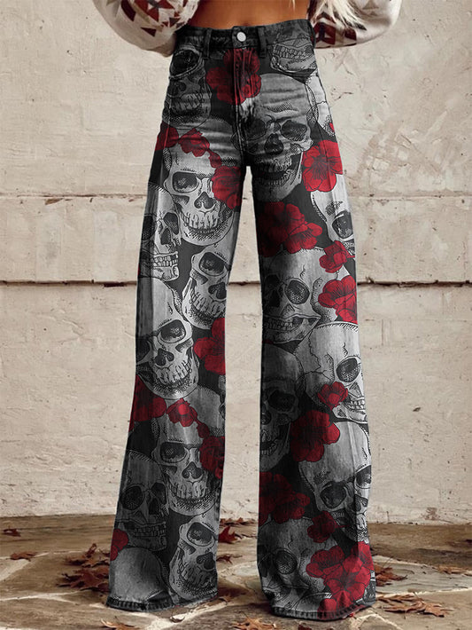 Skull Red Rose Print Wide-Leg Pants