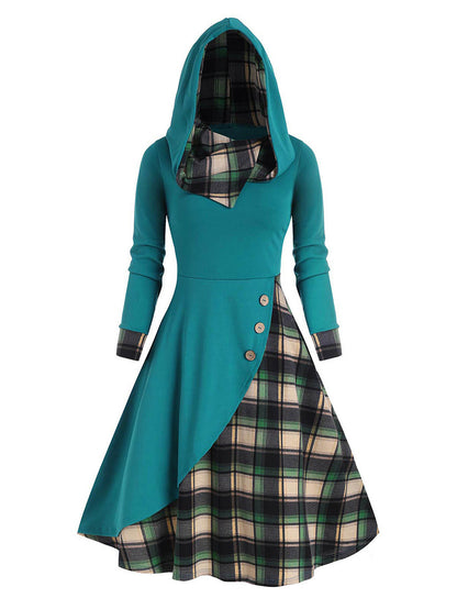 Fashion Plaid Button Patchwork Turtleneck Hooded Mid-Length Dress