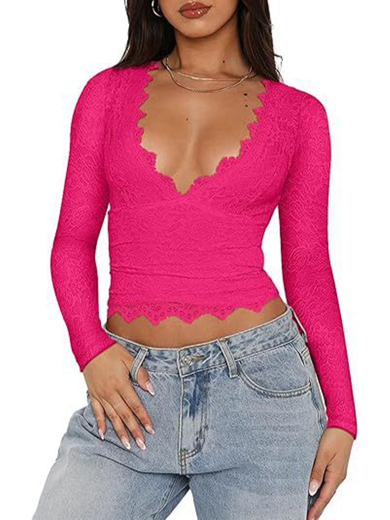 Sexy Women's Lace Hollow V-neck Knitted Long Sleeves