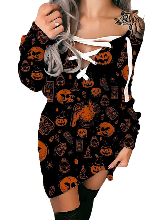 Woman Halloween Pumpkin Printed V-neck Bandage Sexy Dress