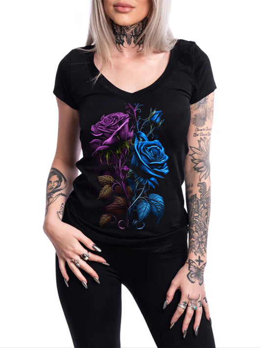 Women's Blue Purple Rose Printed Casual T-shirt